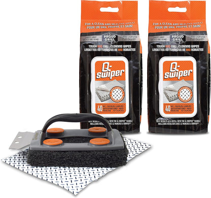 Proud Grill Q-Swiper Grill Cleaner Set - Bristle & Wire-Free Brush with Scraper & 80 Moist Wipes - BBQ Smoker Cleaner Kit, Safe for Outdoor Griddle Grates, Grease & Grime Remover, BBQ Gift for Mom