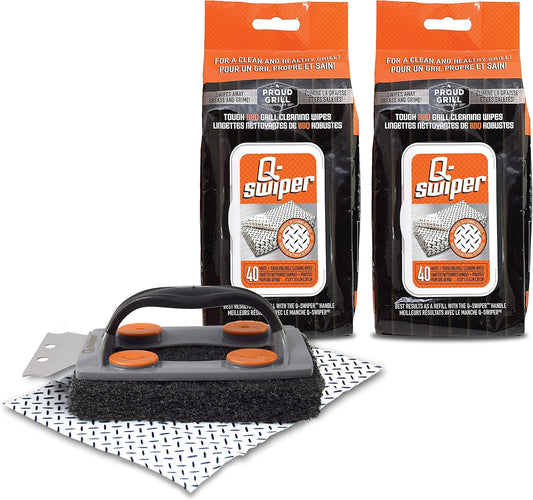 Proud Grill Q-Swiper Grill Cleaner Set - Bristle & Wire-Free Brush with Scraper & 80 Moist Wipes - BBQ Smoker Cleaner Kit, Safe for Outdoor Griddle Grates, Grease & Grime Remover, BBQ Gift for Mom