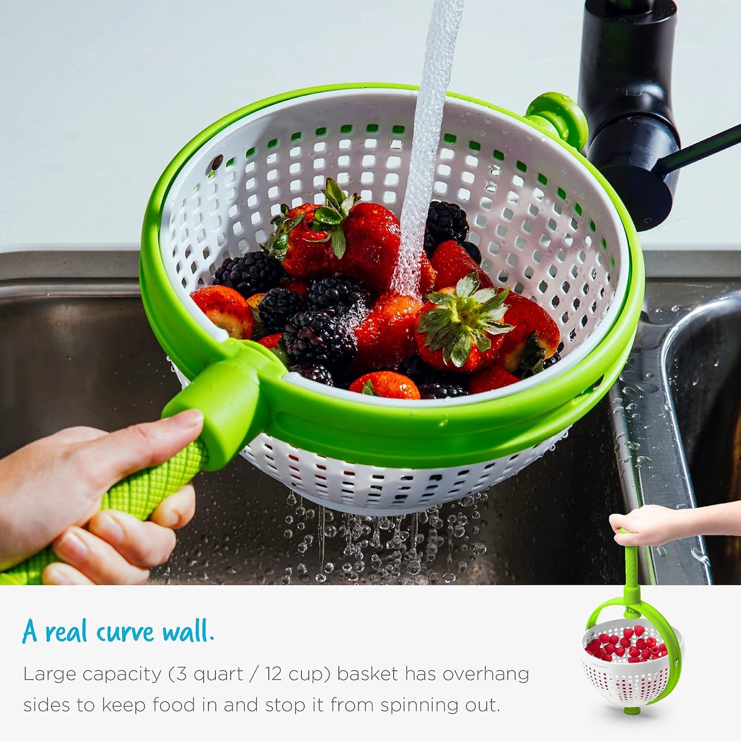 Dreamfarm Spina 2-In-1 Easy-To-Use, Collapsible Salad Spinner & Straining Colander for Salad, Fruit, Vegetable, Lettuce - White/Green | Compact storage, in-sink salad washer and strainer, 12 cup capacity, cleans fruit, vegetables and berries, drains pasta