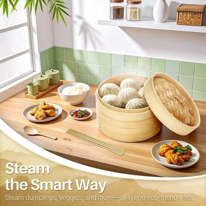 Flexzion Bamboo Steamer Basket Set (8 inch), 50 x Steamer Liners and 2 Pairs of Chopsticks, Steam Baskets for DimSum Dumplings, Rice, Vegetables, Fish and Meat