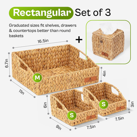 Storage Baskets for Shelves Set of 3, Open-Top Wicker Baskets with Handles, Shelf Organizer Baskets for Pantry, Closet & Bathroom, Water Hyacinth Storage Baskets with Tissue Box Cover