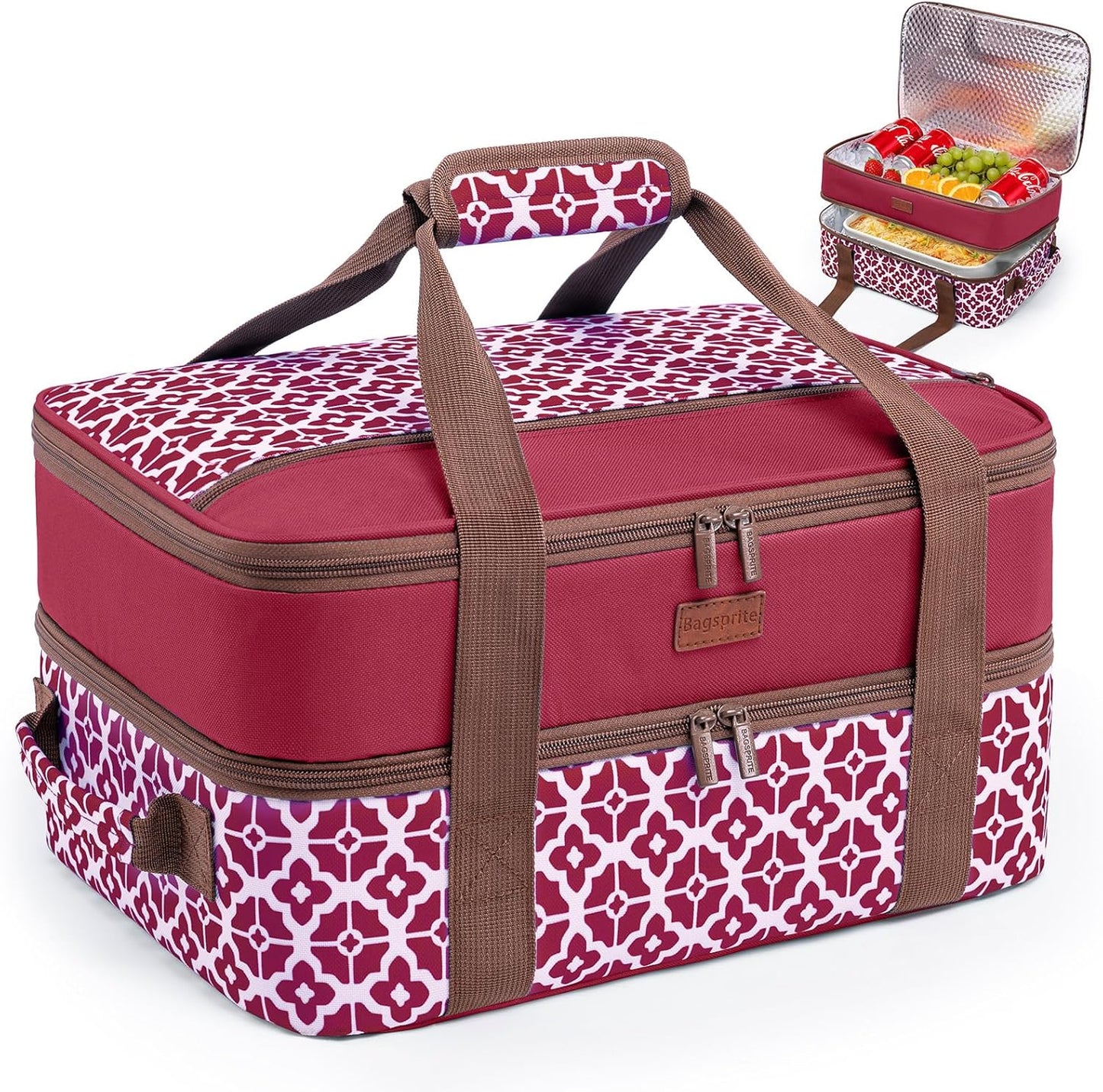 Double Layer Insulated Casserole Carrier, Fits 9" x 13" Baking Dish, Food Transport Carrier with Utensil Pocket for Hot & Cold Dishes, Reusable Potluck Tote for Thanksgiving, Parties&Family Gatherings