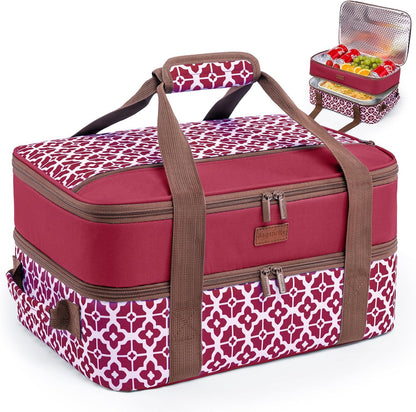 Double Layer Insulated Casserole Carrier, Fits 9" x 13" Baking Dish, Food Transport Carrier with Utensil Pocket for Hot & Cold Dishes, Reusable Potluck Tote for Thanksgiving, Parties&Family Gatherings