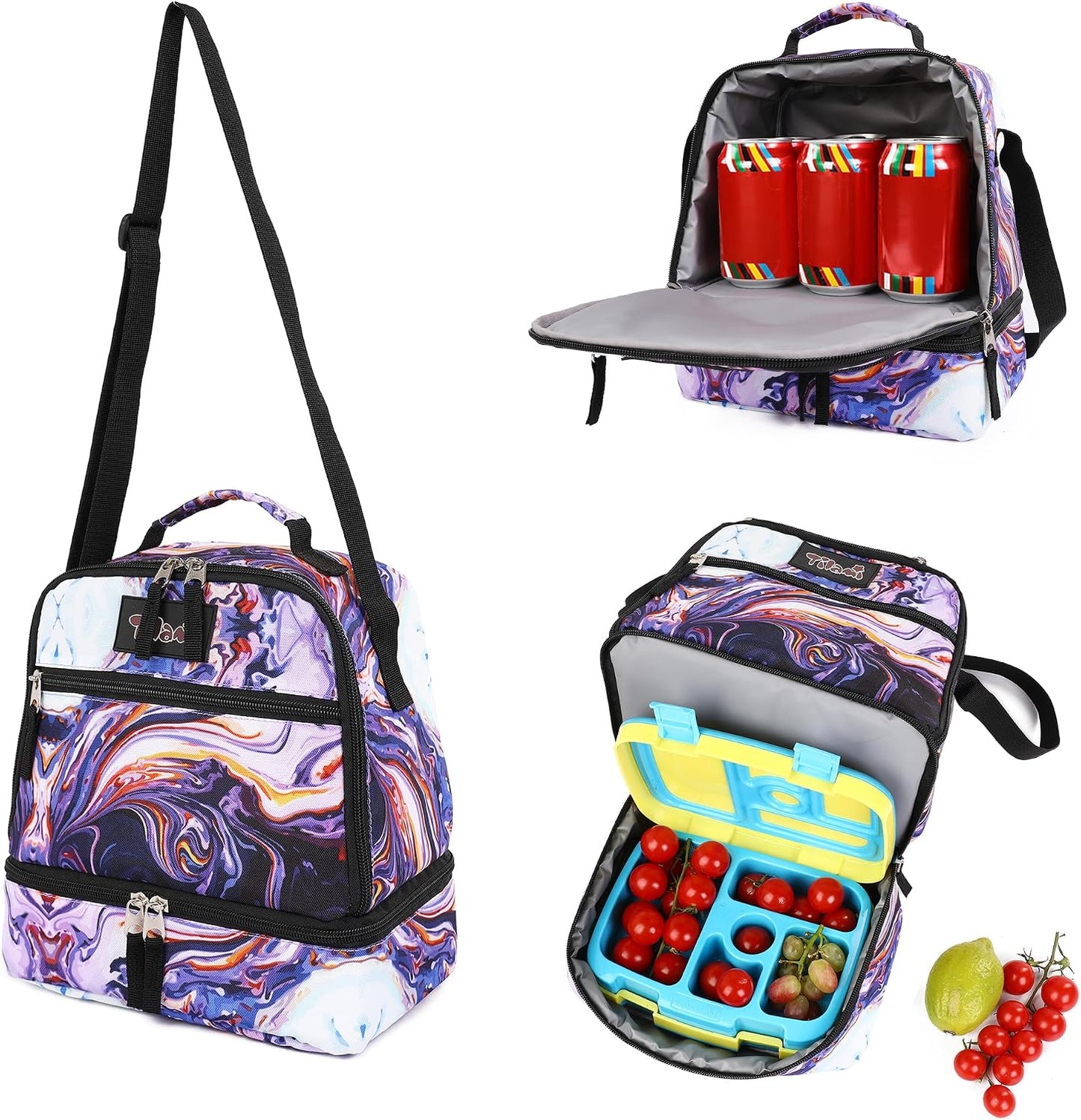 Tilami Lunch Bags Insulated Adjustable Strap Zipper, Two Compartments Cooler Bags, Bento Bags for Kids Toddlers (Blue)