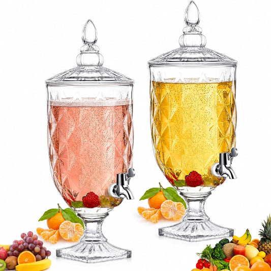 Bokon 2 Pieces 1.3 Gallon Drink Dispensers for Parties Crystal Iced Beverage Dispenser with Stand and Spigot, Glass Liquid Containers Wide Mouth Beverage Server for Juice Tea Wedding(Exquisite)