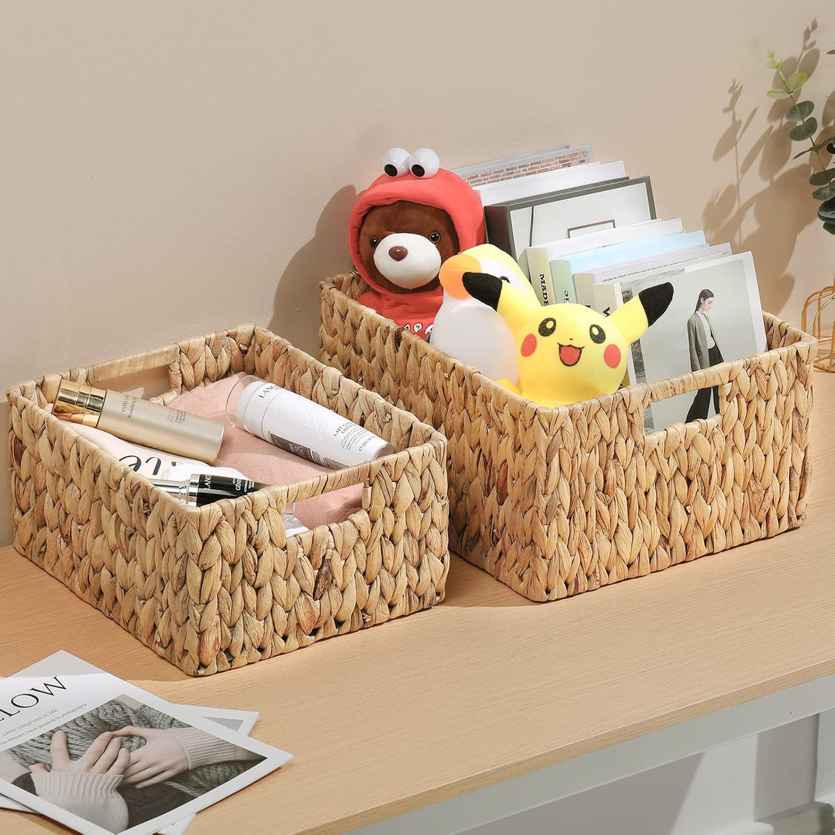 HOONEX Water Hyacinth Storage Baskets, Wicker Baskets for Storage, Hand Woven Baskets with Carry Handles, Set of 2, Natural