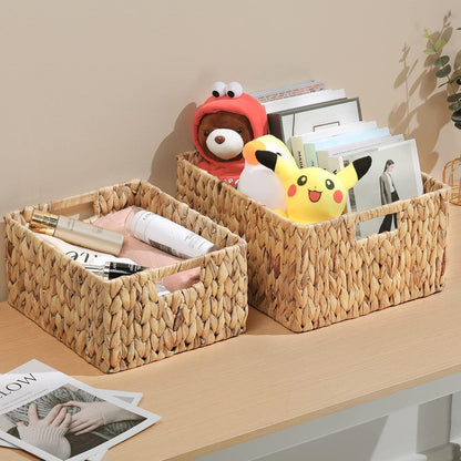 HOONEX Water Hyacinth Storage Baskets, Wicker Baskets for Storage, Hand Woven Baskets with Carry Handles, Set of 2, Natural