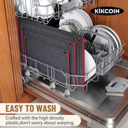 Kikcoin Plastic Cutting Boards for Kitchen, 3-Piece Large Cutting Board Set Dishwasher Safe Chopping Boards with Non-slip Feet and Juice Grooves, Gray