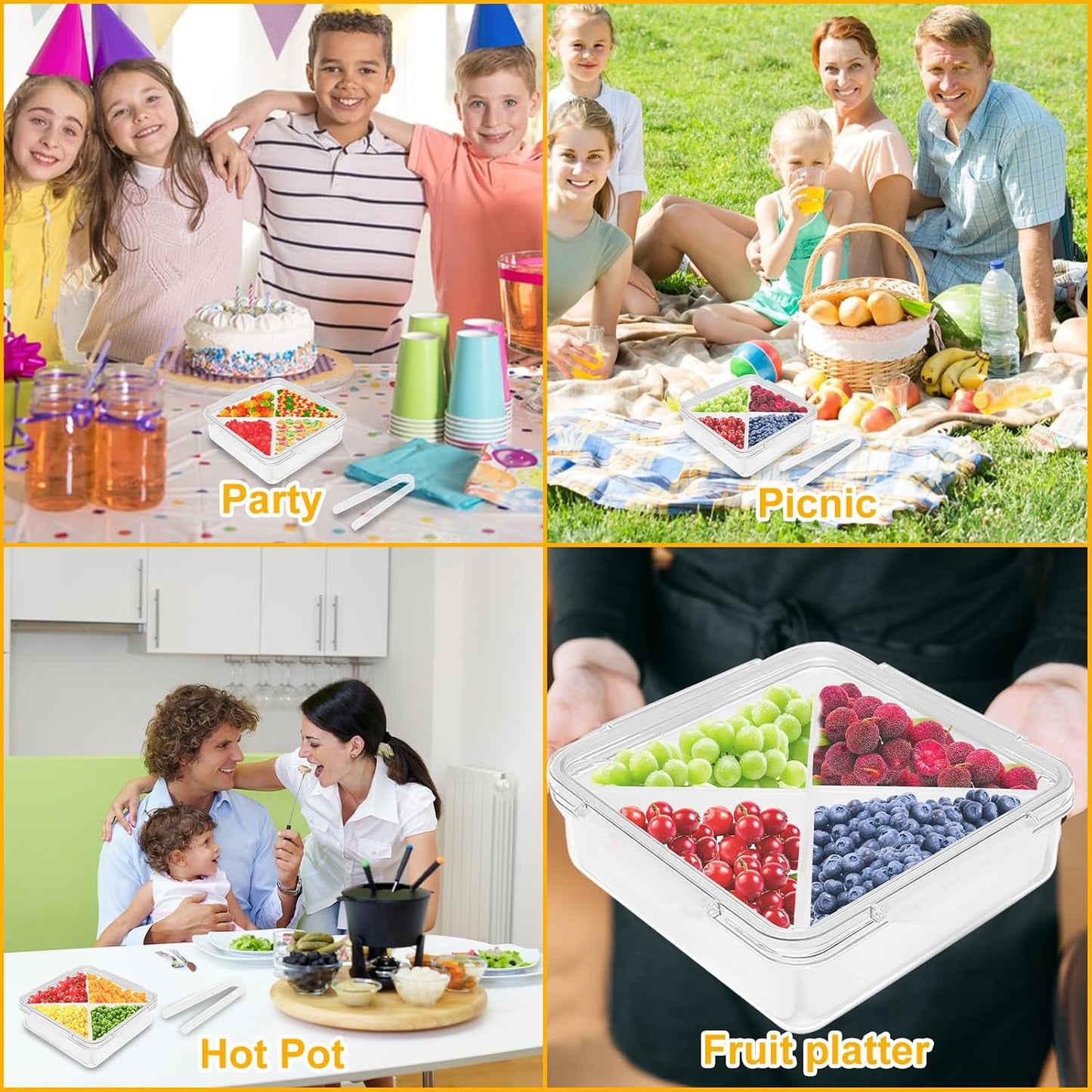 Qivine Veggie Tray with Lid for Fridge, Portable Vegetable Tray with Lid and Dip, 6 Compartments Divided Serving Tray with Lid and Handle, Round Veggie Trays for Serving for Party with 2 Clips