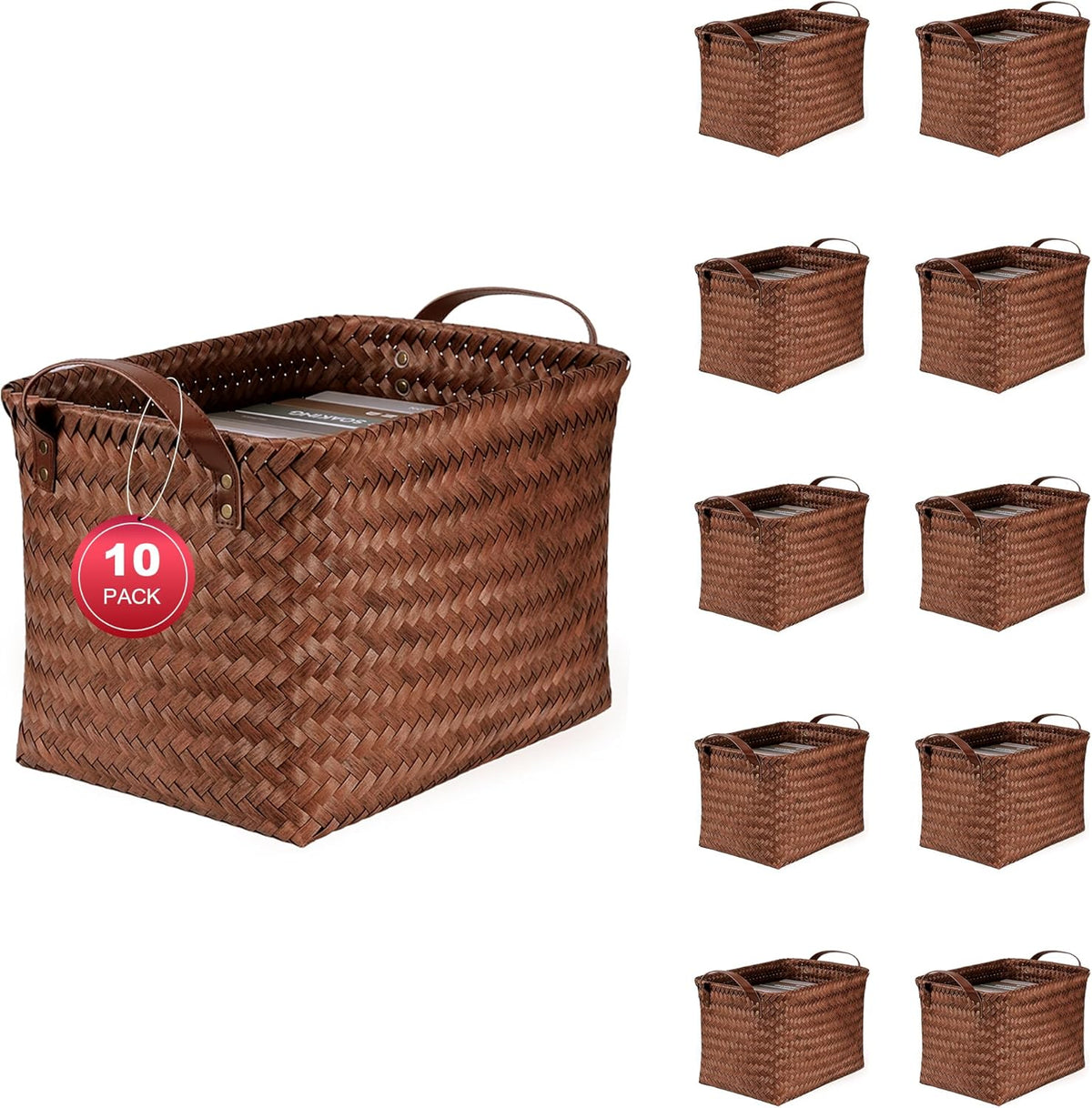 15L Laundry Baskets Waterproof Storage Baskets For Shelves Large Laundry Hamper With Leather Handle -set of 4 Cube Organizers Woven Bins for Bathroom,Bedroom,Pantry,Clothes,Car & Towels-Brown