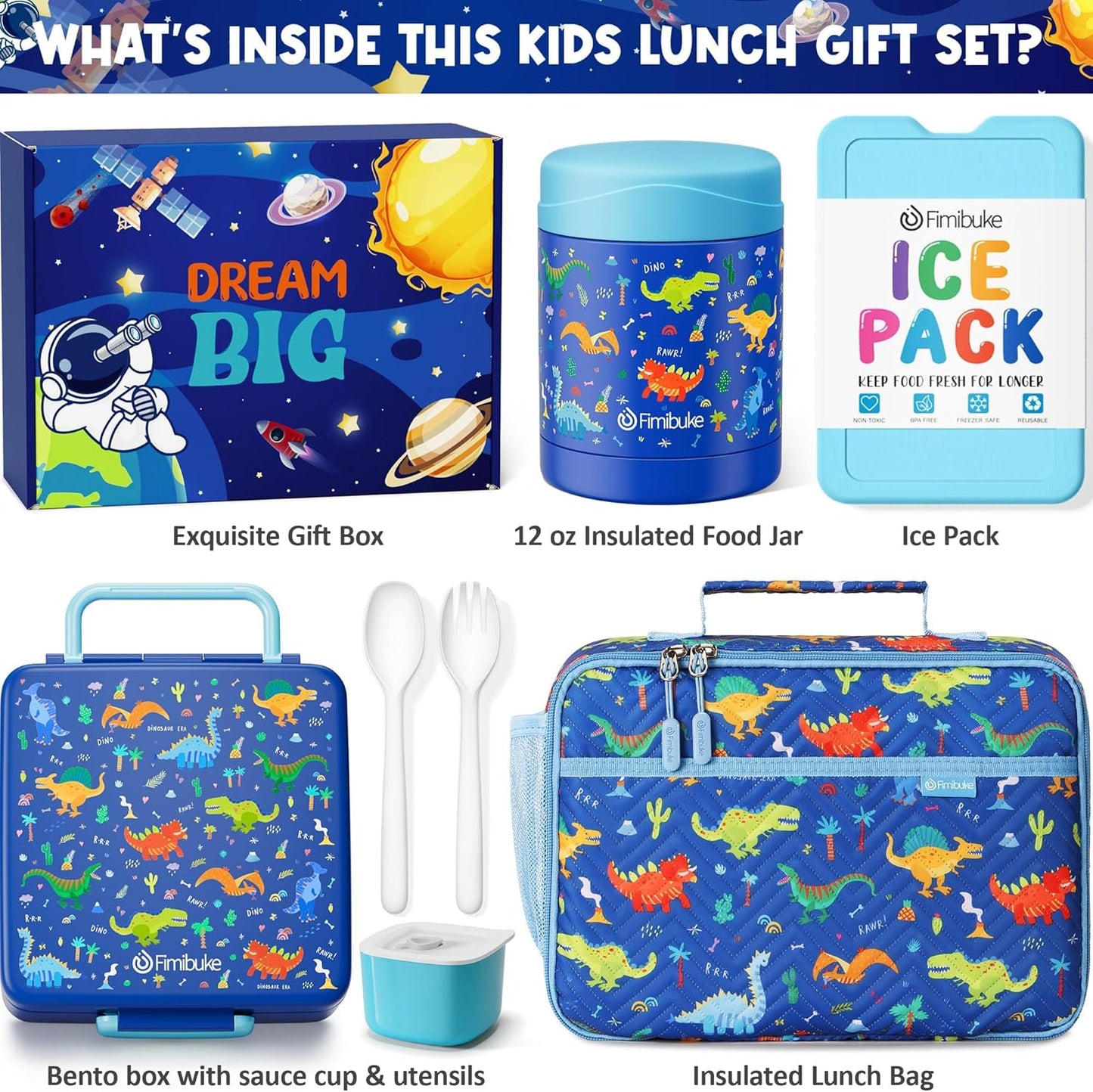 Fimibuke Kids Bento Snack Lunch Box with 4 Compartment, Insulated Lunch Bag, Stainless Steel Vacuum Thermo Food Jar, Ice Pack, Utensils Set, Birthday Gifts for Age 3-12 Back to School Toddler Girl Boy