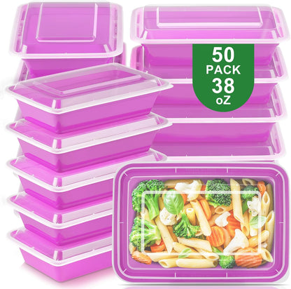 50 Pack Meal Prep Containers with Lids 38oz - BPA-Free, Reusable, Leakproof Food Storage Containers - Microwave/Dishwasher/Freezer Safe, To Go Take Out Plastic Food Storage Pans(Blue)