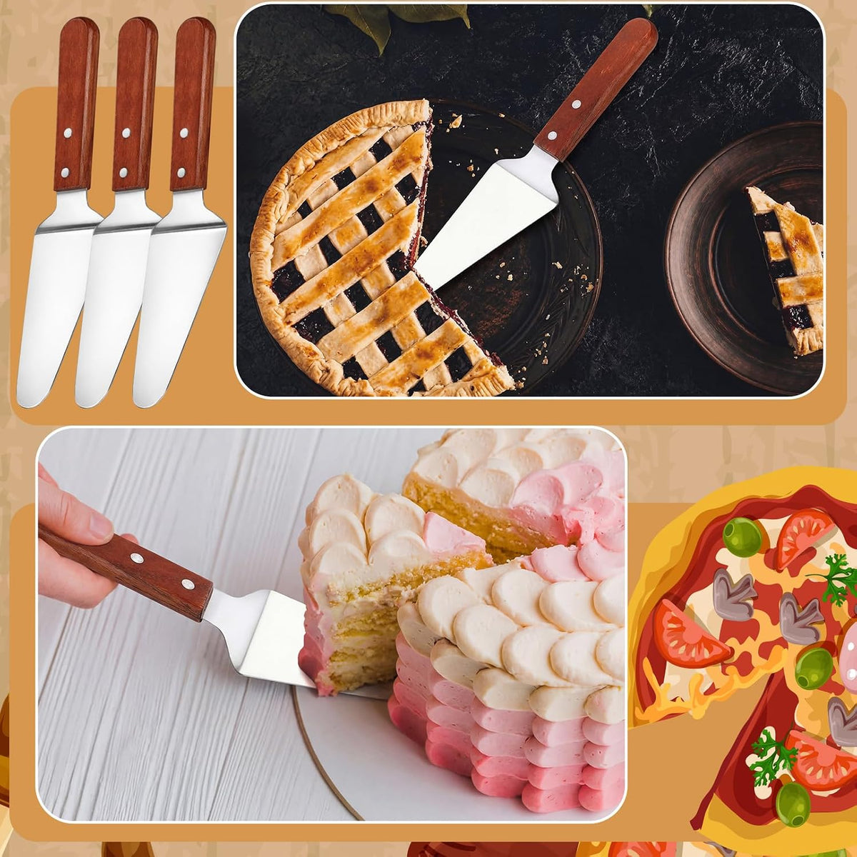 Mifoci 3 Pcs Pizza Spatula Pie Server Stainless Steel Cheese Spatula Set with Handle, Easy to Grip Baking Triangular Spade Cake Cutter Slicers for Cheese Dessert Serving, 9.8 x 2.4 Inches (Wooden)