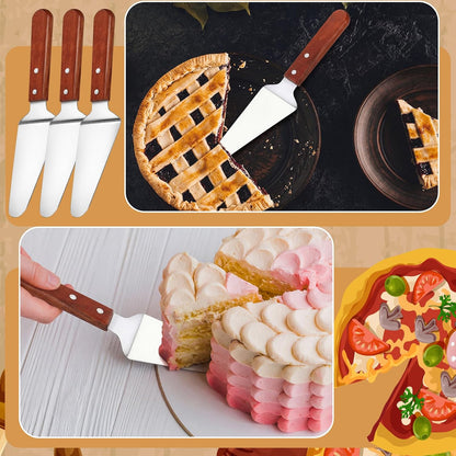 Mifoci 3 Pcs Pizza Spatula Pie Server Stainless Steel Cheese Spatula Set with Handle, Easy to Grip Baking Triangular Spade Cake Cutter Slicers for Cheese Dessert Serving, 9.8 x 2.4 Inches (Wooden)