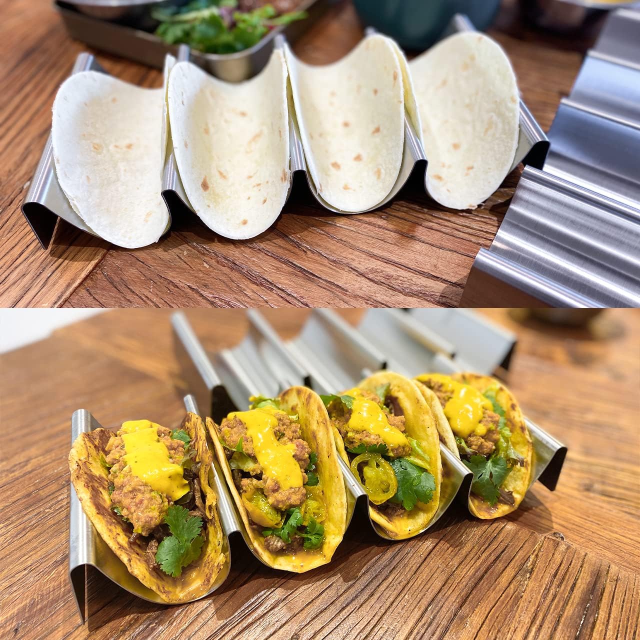 Stainless Steel Taco Holder, U Shape Taco Serving Tray Tool, Premium Wave Taco Rack Stand Set of 2, Holding 4 Soft or Hard Tacos (2)