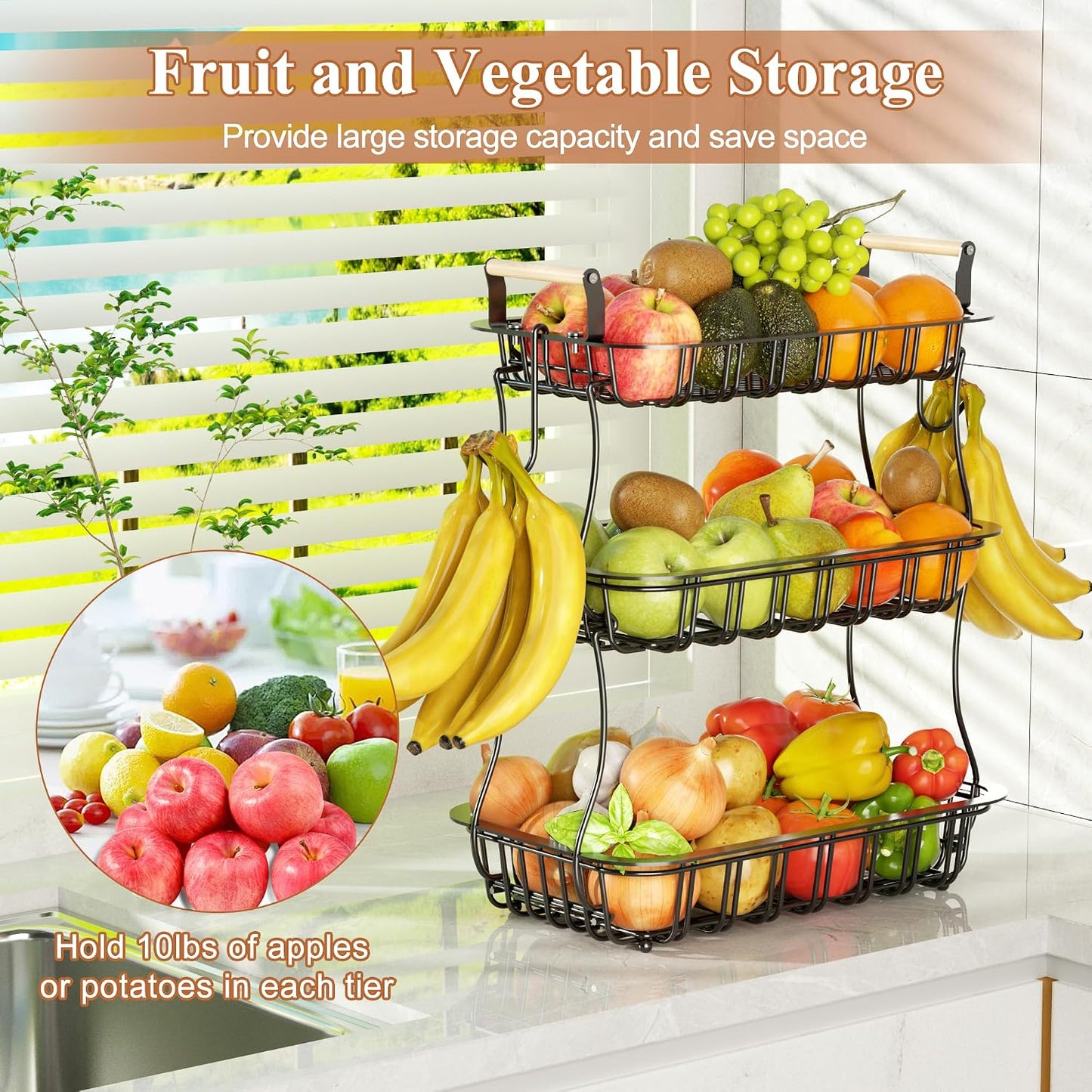 3 Tier Fruit Basket with 2 Banana Hooks, Large Capacity Multifunctional Detachable Sturdy Fruit Bowl with Wooden Handle Mesh Top for Kitchen Counter, for Bread Snacks Vegetables Produce, Black