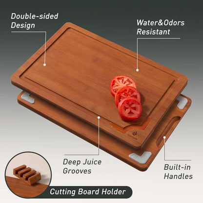 3 Packs Bamboo Cutting Board Set with Non Slip Feet Holder and Over Sink Nice Solid Thick Wood Juice Groove Chopping Board Extra Large Big Small Best Hardwood Kitchen Organic Vegetable Meat BBQ Kit
