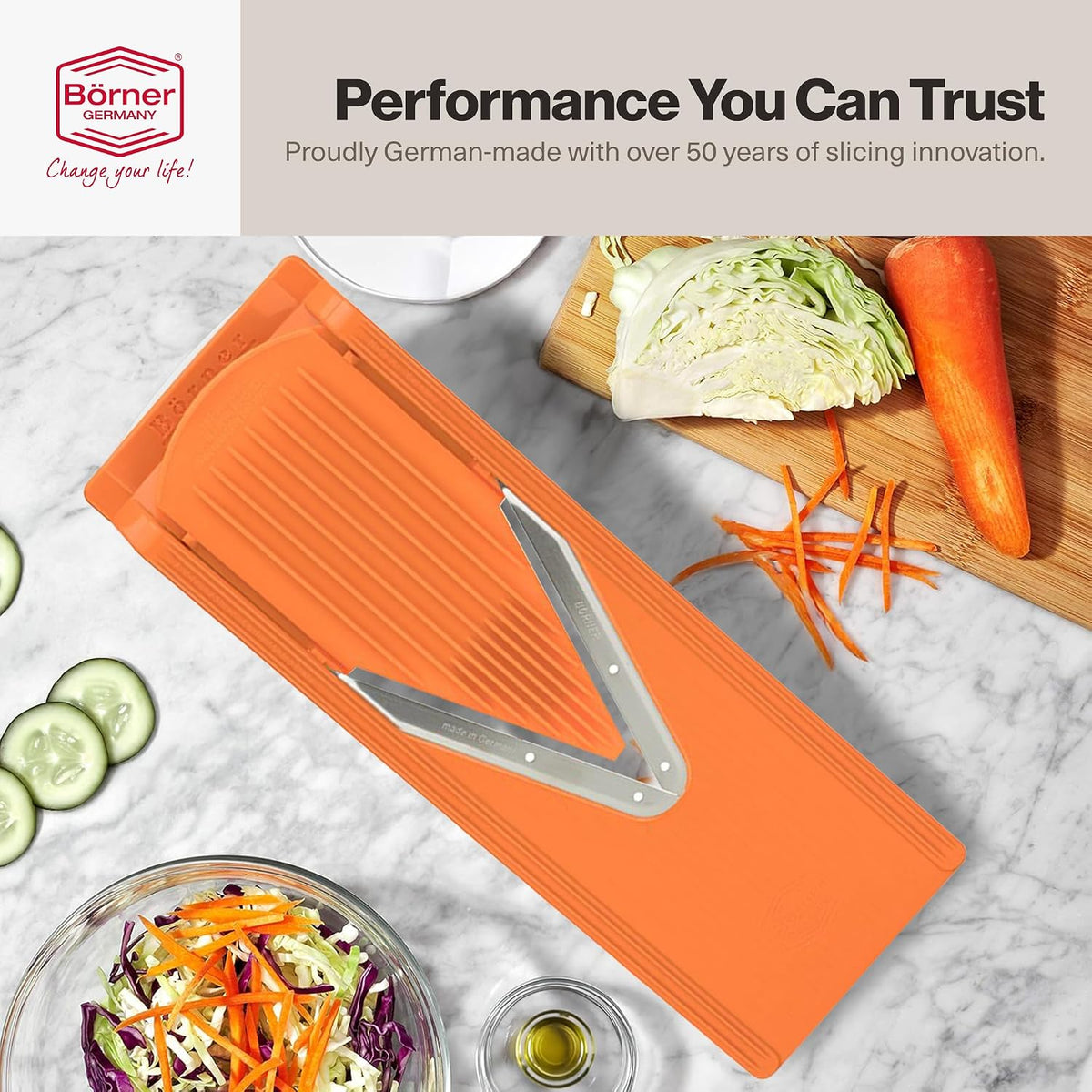 Swissmar Borner V-Slicer Plus Mandoline 5-Piece Set – Professional Kitchen Utensil with Adjustable Inserts – Cuts Potatoes, Cucumbers, Chips & More – Vegetable Slicer with Safety Holder - Orange