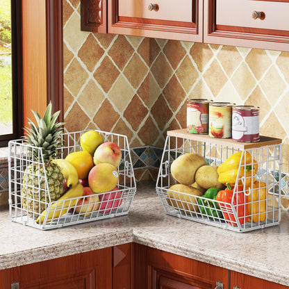White Fruit Bowl Wire Basket Storage Pantry Fruit and Vegetable Storage Fruit Basket for Kitchen Counter Stackable Wall Mounted Hanging Basket Wire Basket with Wood Lid with Hanger Hooks