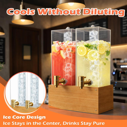 Beverage Dispenser with Stand, 4 Gallon Dual Drink Dispenser Stand, Large Drink Dispenser for Party, Wood Stand