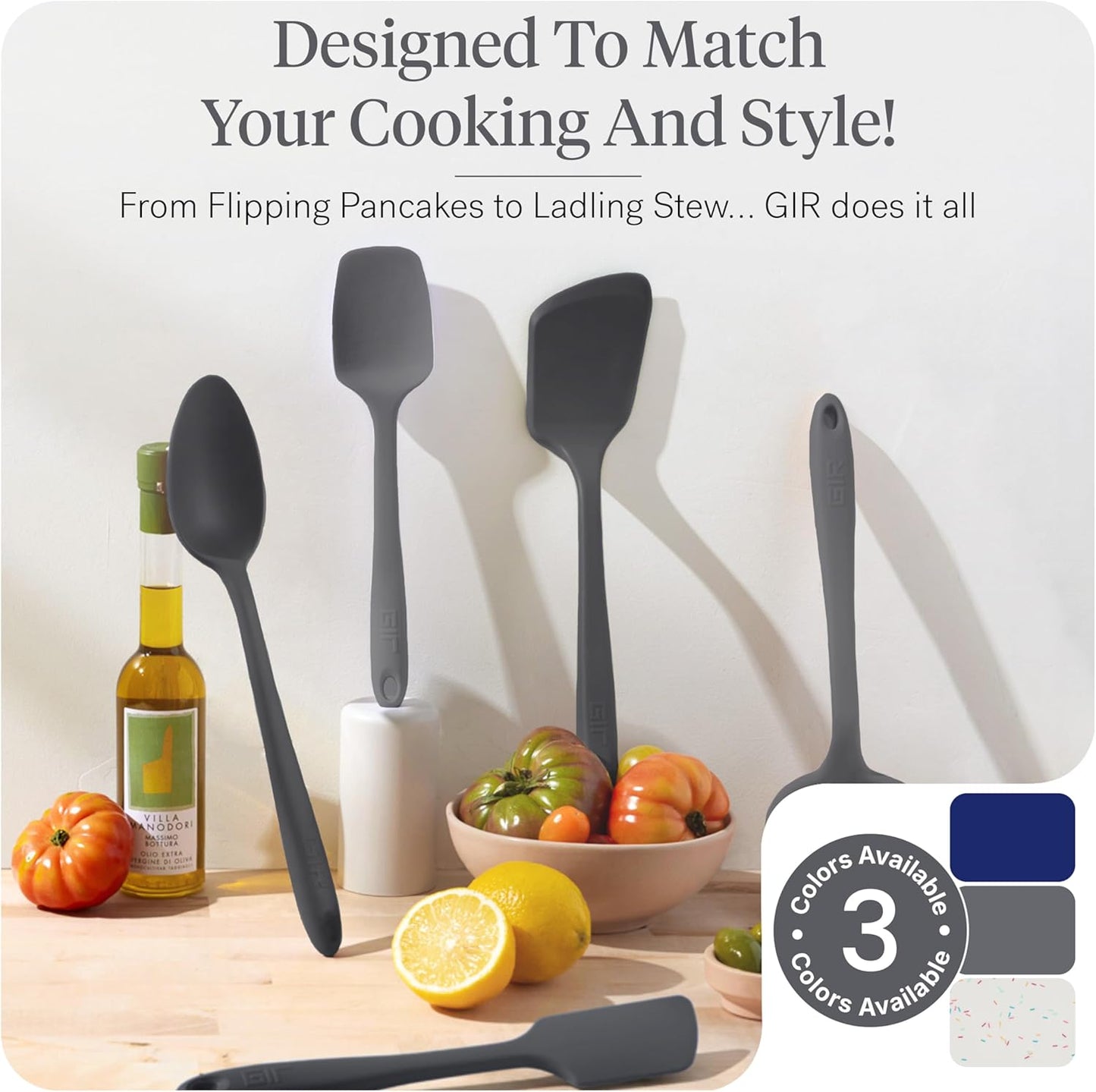 GIR 5-Piece Silicone Kitchen Utensils Set, Non-Toxic Cooking Utensils for Cooking and Baking, Heat Resistant, Food Grade, Dishwasher Safe Rubber Spatula, Ladle, Spoon - Charcoal