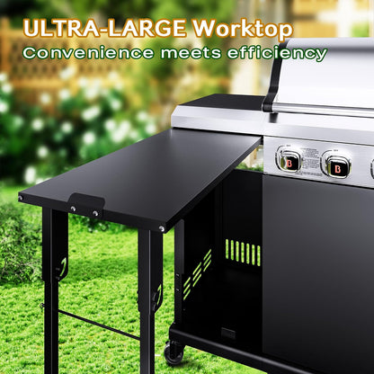 Brand-Man 4-Burner Gas Outdoor Kitchen Grill Island with Side Burner - 44,000 BTU Stainless Steel BBQ Grill Station with Storage Cabinets, Fold-out Prep Table, LPG/NG Convertible, Black