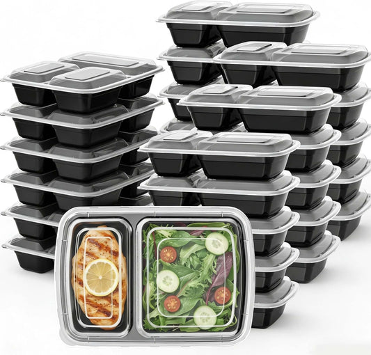 50 Pack (100-Piece) Meal Prep Containers with Lids, Reusable 2-Compartment Food Storage, Sturdy Leakproof, Food Safe, Microwave Freezer Dishwasher Safe, To-Go Takeout Plastic Containers – 60828