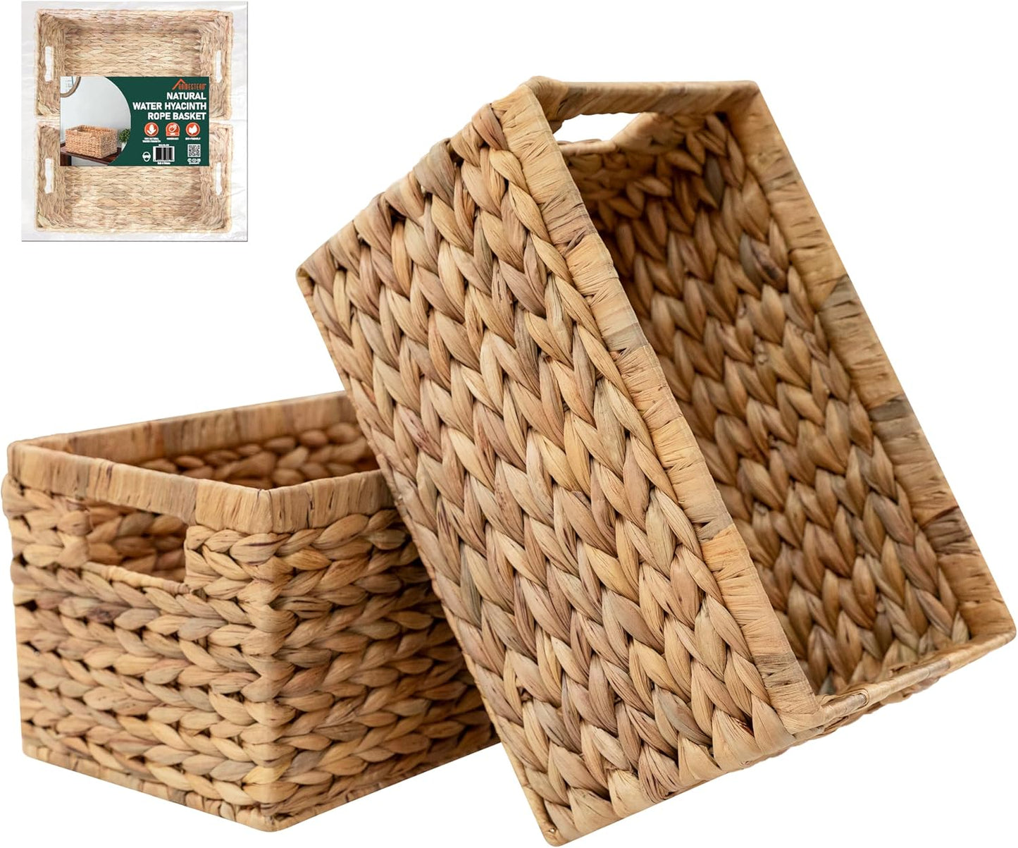 2-Pack Handwoven Water Hyacinth Storage Baskets with Handles, Wicker Bins for Pantry Organization, Shelf or Closet Organizer, Decorative Boho Rectangular Basket 13.5" x 8"