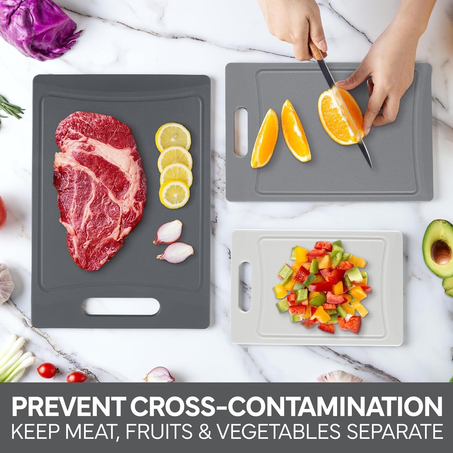 COOK WITH COLOR Non-Slip Cutting Board Set – Kitchen Essentials with Easy Grip Handle for Meat, Veggies, and Fruits, 3 Cutting Boards, Speckled White