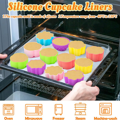 R HORSE Mini Silicone Cupcake Liners Molds - 60Pcs 2 Inch Muticolor Floral Shaped Baking Cups, Reusable Non-Stick Cupcake Wrappers Muffin Baking Liners for Oven Microwave Dishwasher Safe