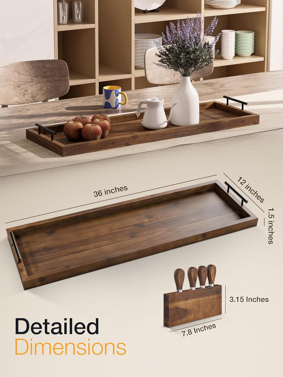 TIDITA Acacia Large Charcuterie Boards for Party with Cheese Knife Set of 4 – Acacia Wood Serving Tray with Handles, Long Charcuterie Board, Wooden Cheese Board (Walnut Color, 30 Inch)