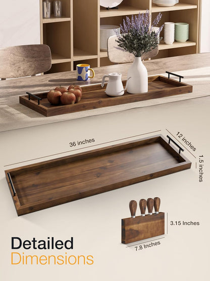 TIDITA Acacia Large Charcuterie Boards for Party with Cheese Knife Set of 4 – Acacia Wood Serving Tray with Handles, Long Charcuterie Board, Wooden Cheese Board (Walnut Color, 30 Inch)