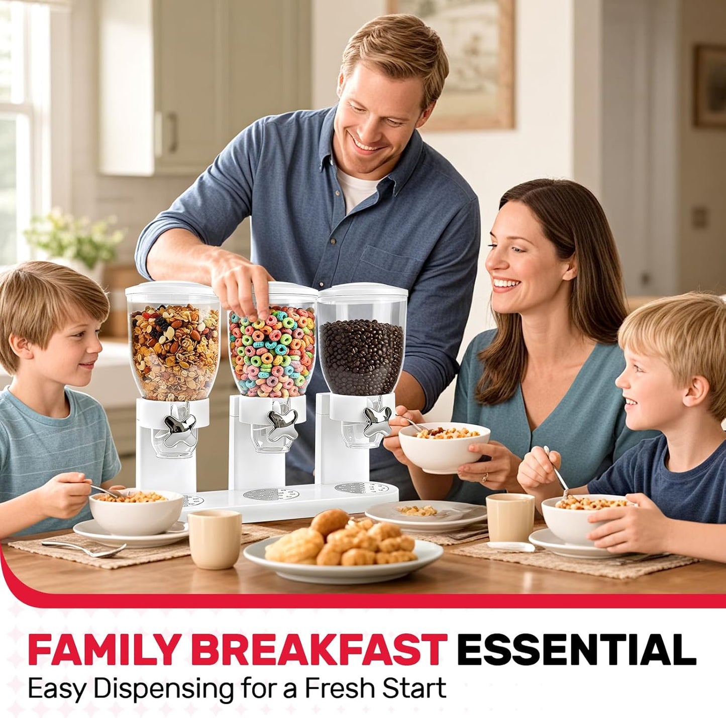 Triple Cereal Dispenser Countertop 2L, Airtight Cereal Containers Storage, Large Capacity Total 6L for Kitchen Pantry, Rotating Dry Food Dispenser for Candy, Nut, Coffee Beans, White