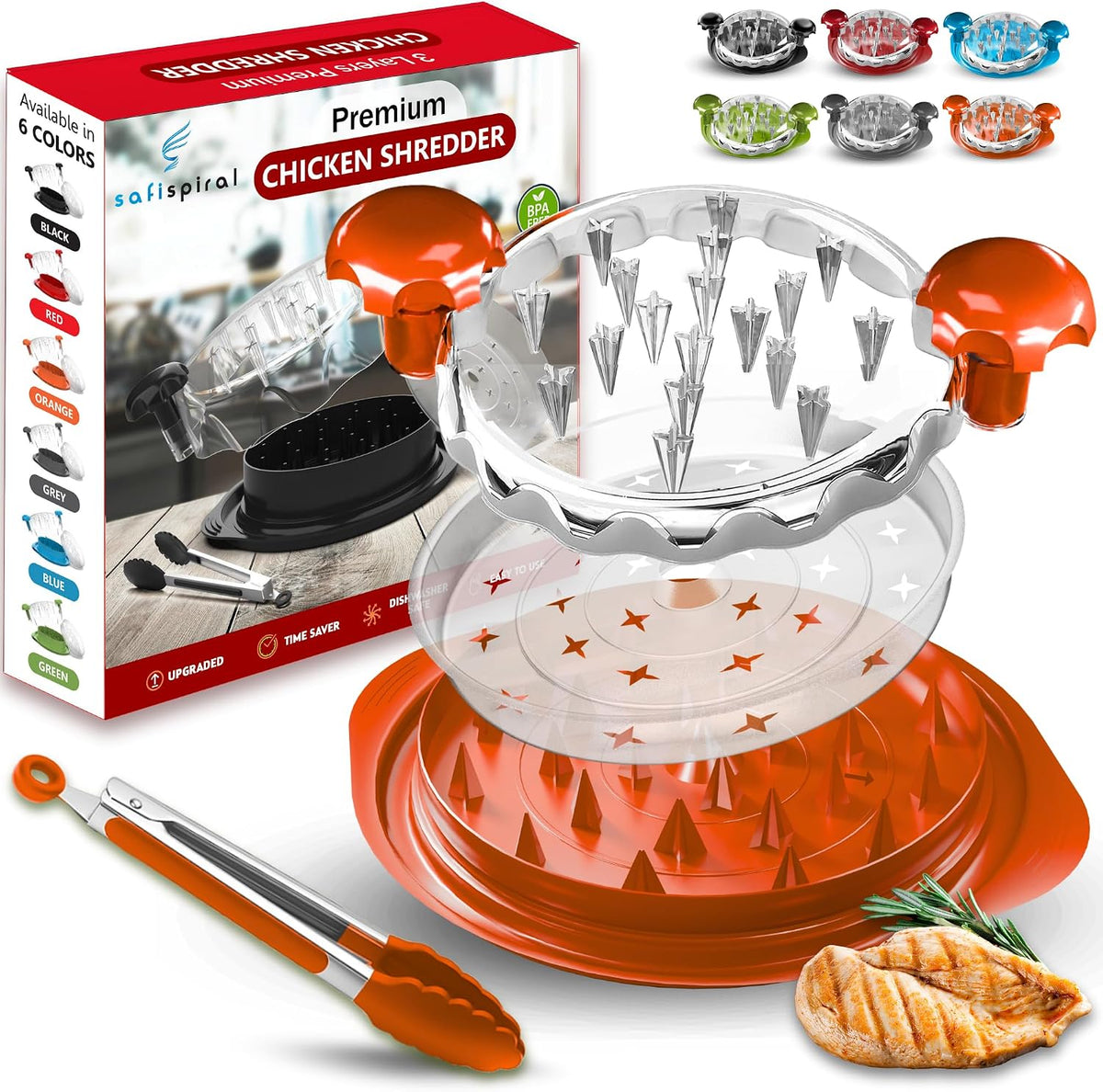 Chicken Shredder Tool Twist Large – 10.2 Inch Non Slip Meat Shredder with Removable Tray- BPA Free, Dishwasher Safe, Heat Resistant Chicken Breast Shredder with Handle & Serving Tong