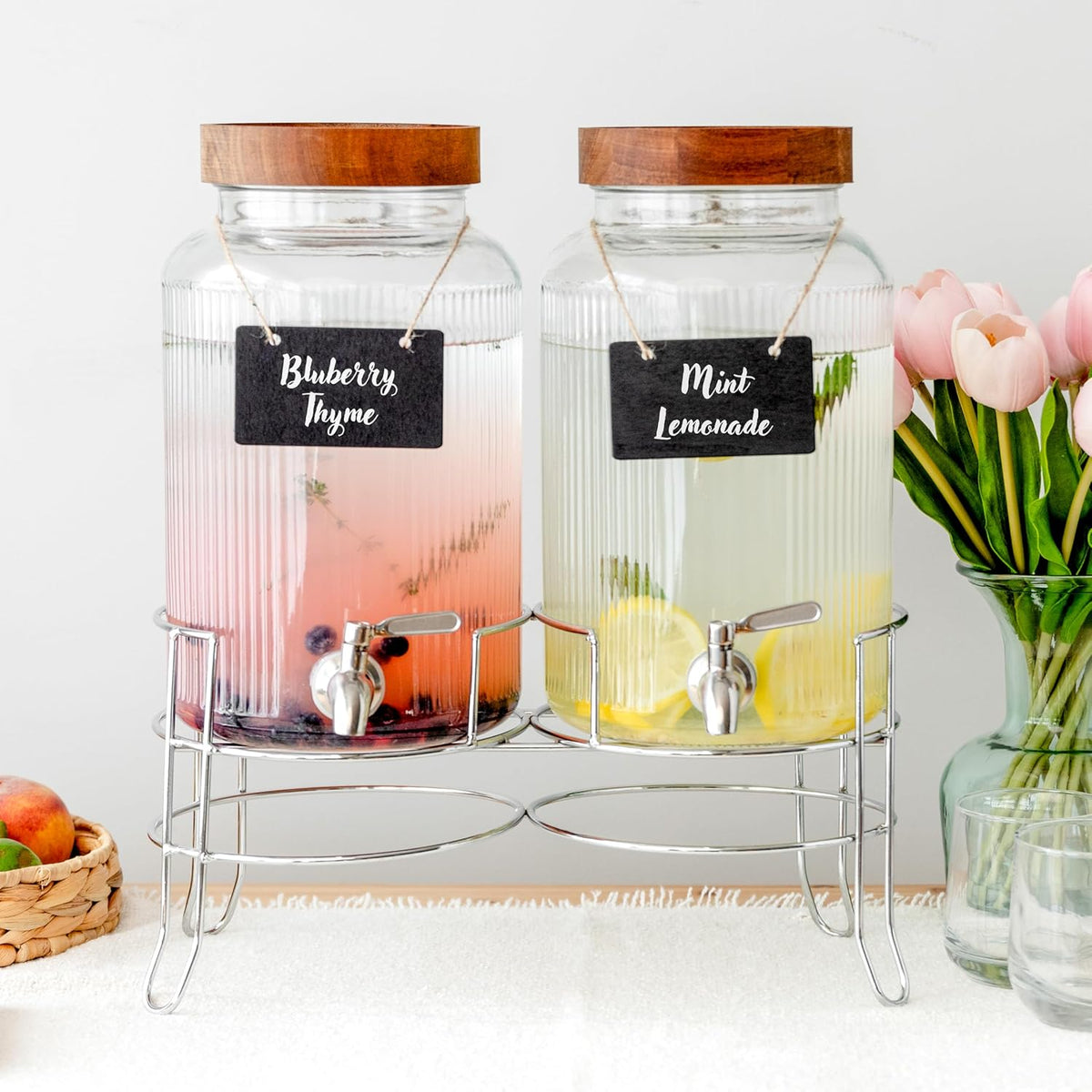 Ilyapa Double Glass Beverage Dispenser with Stand, 2 Gal Each - Wood Top
