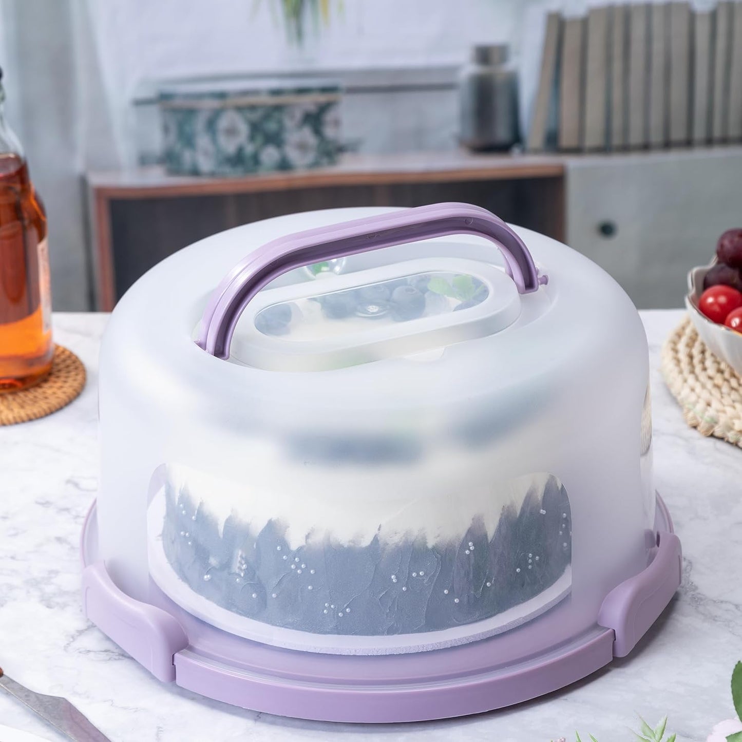 10in Plastic Cake Carrier with Handle, Round Cake Holder with Lid Pink Cake Container for 6in/8in/10in Cake(purple)