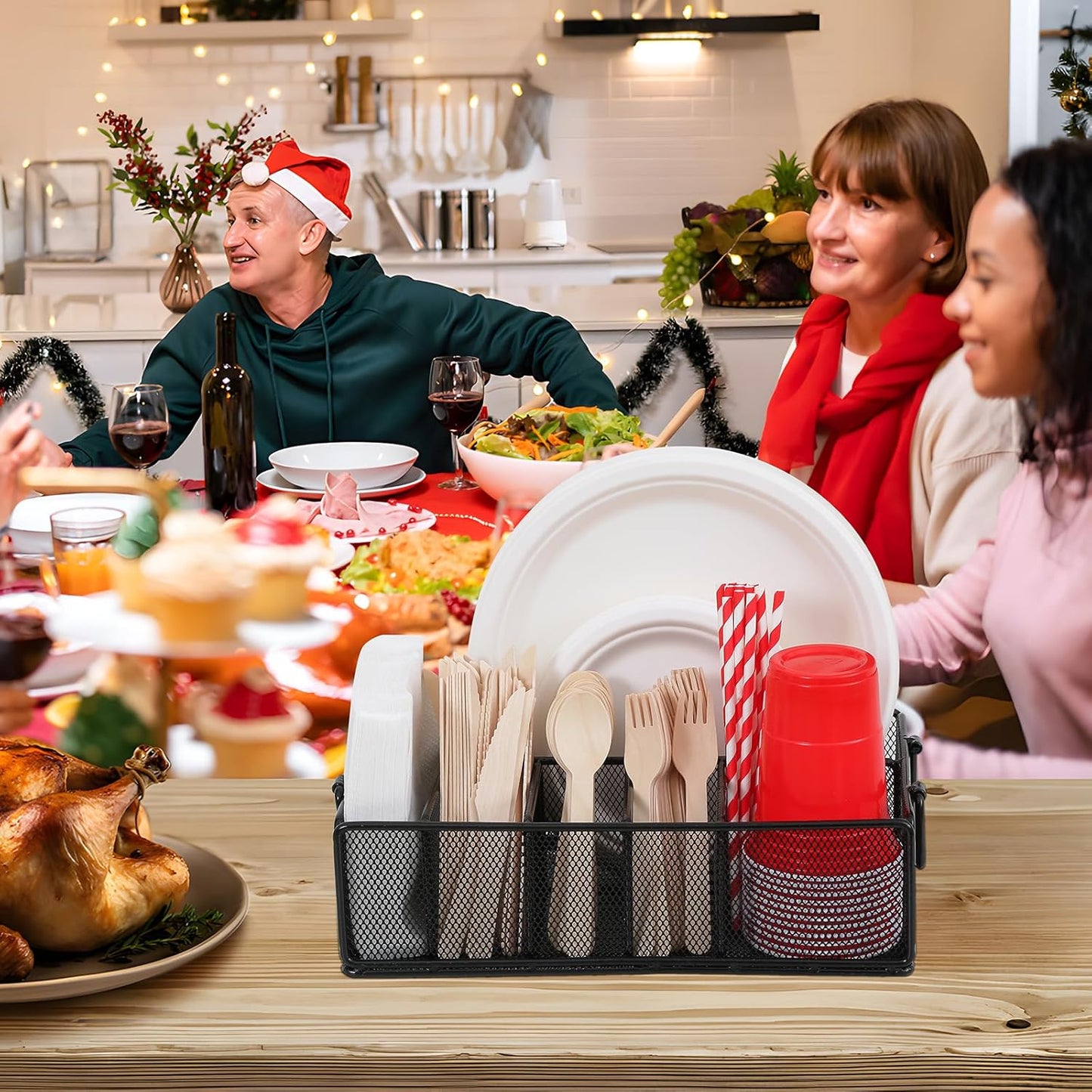 Paper Plate Dispenser with Handle, Metal Paper Plate Holders for Kitchen Counter, Utensil Holder Organizer with 6 Compartments, Silverware Holder Caddy for Cup Fork Spoon Napkin Party Camping