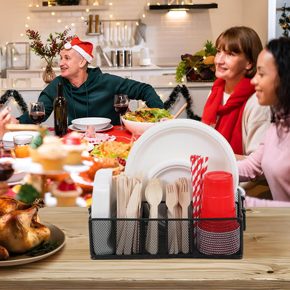Paper Plate Dispenser with Handle, Metal Paper Plate Holders for Kitchen Counter, Utensil Holder Organizer with 6 Compartments, Silverware Holder Caddy for Cup Fork Spoon Napkin Party Camping