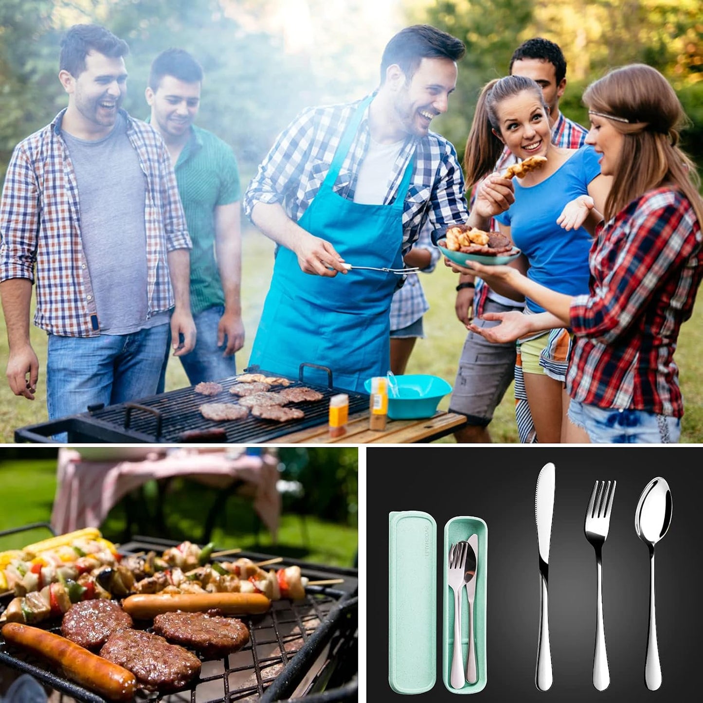 Portable Utensils Set with Case, 4pcs Stainless Steel Reusable Silverware for Lunch Camping School Picnic Workplace Travel, Lunch Box Includ Fork Spoon Knife,Easy to clean,Dishwasher Safe(Rainbow)