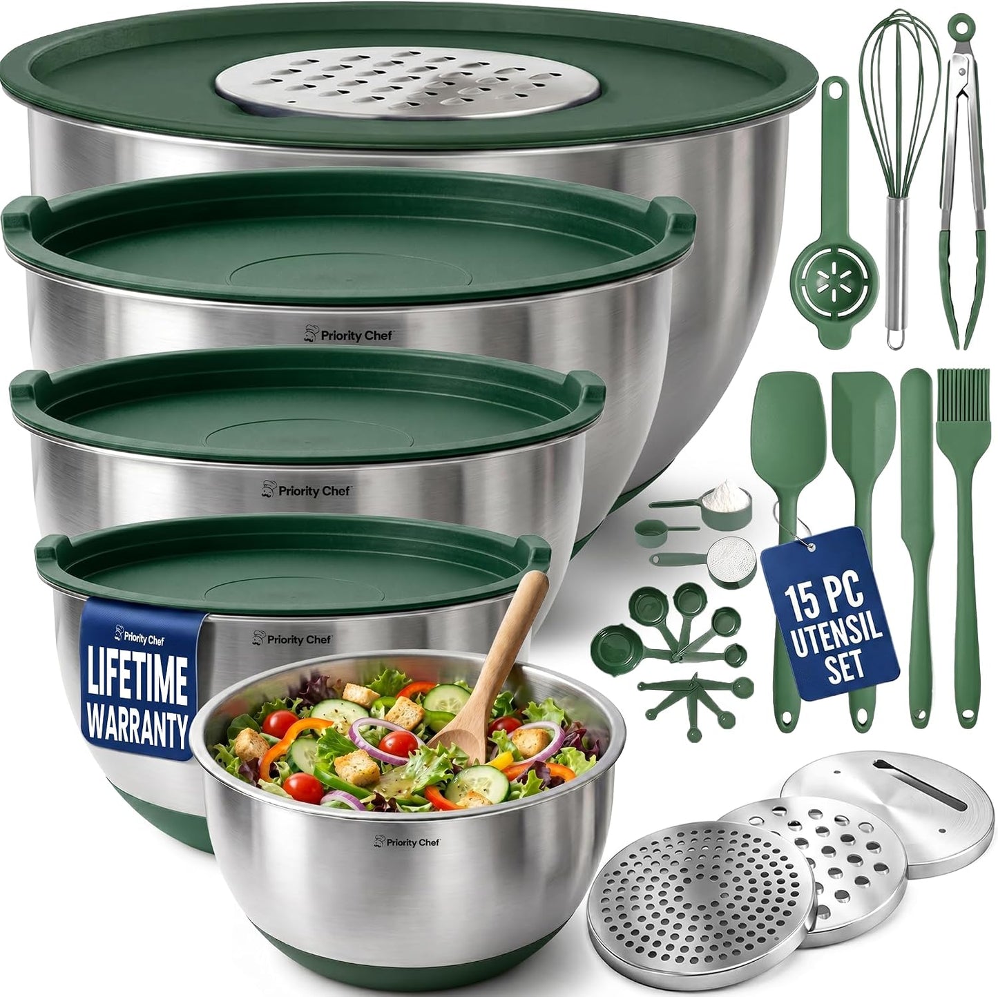 Priority Chef Stainless Steel Mixing Bowls with Lids Set, Metal Nesting Bowls with Airtight Lids, Graters, Non-Slip Base & Measurement Marks, Includes Utensil Set for Prep, Baking & Storage, Black