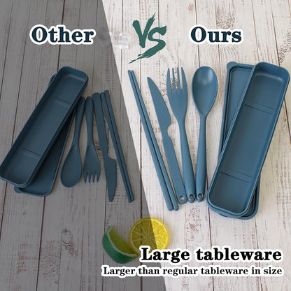 Large Reusable Travel Utensils Set with Case, Plastic Set for Adults Travel Picnic Camping, Portable Flatware Cutlery Set with Chopsticks for Daily Use(Black)