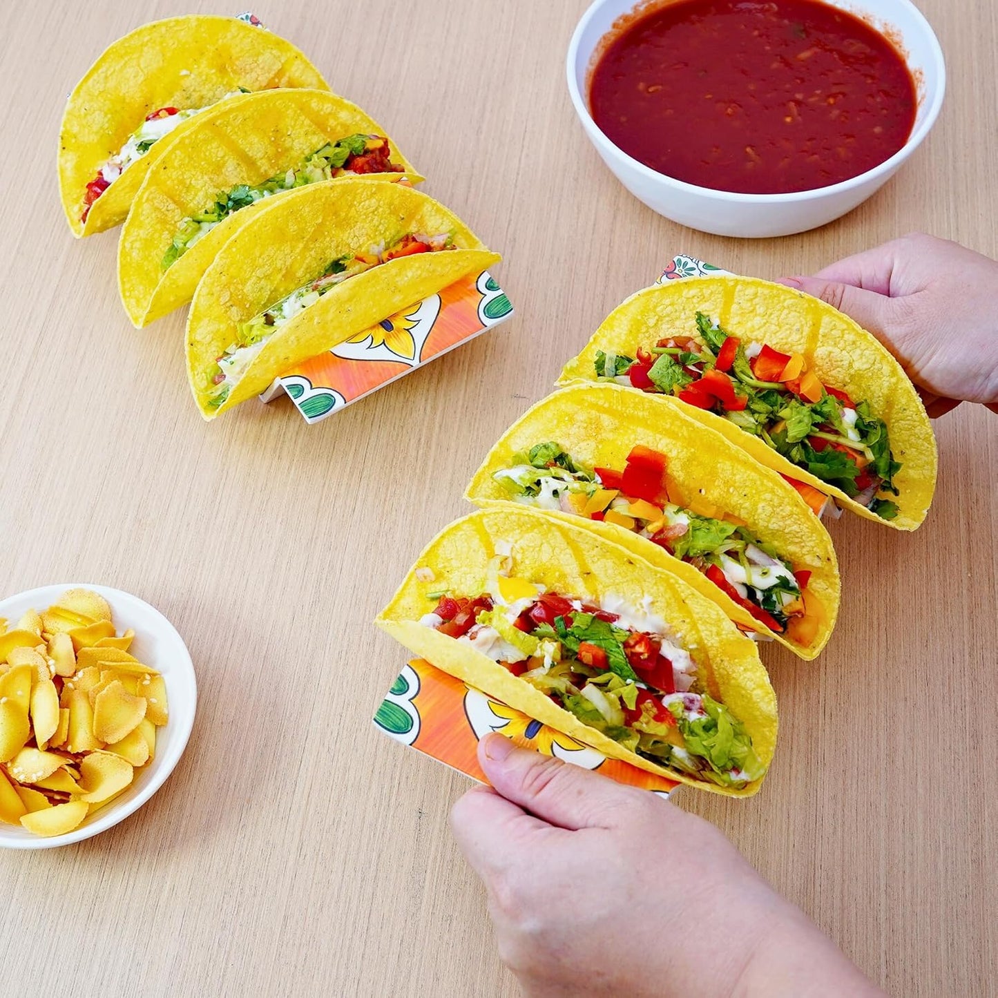 TP Taco Holder Stands, Set of 2 Melamine Large Taco Serving Rack Tray with Handle, Holds 3 Tacos, Dishwasher Safe, Ideal for Taco Night, Party, Home, Fiesta, Talavera Tile