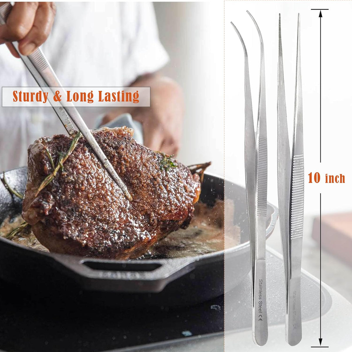 A2Z Cooking Tweezer Straight and Curved Tong Set, Tongs Precision Serrated Tips, Stainless Steel Professional Chef Tweezer Kitchen Tools for BBQ, Plating and Serving (Set of 2-10")