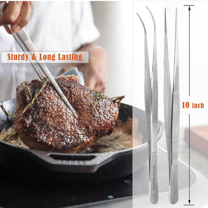 A2Z Cooking Tweezer Straight and Curved Tong Set, Tongs Precision Serrated Tips, Stainless Steel Professional Chef Tweezer Kitchen Tools for BBQ, Plating and Serving (Set of 2-10")