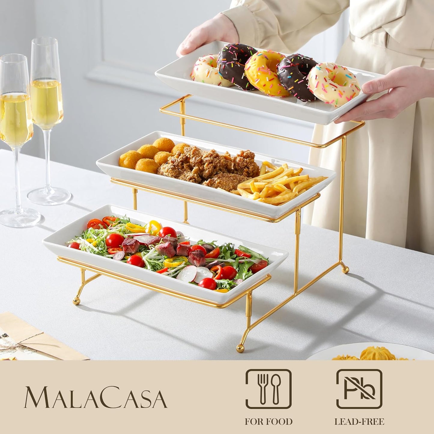 MALACASA 3 Tier Serving Trays for Party, Porcelain Serving Platters and Trays, 12 Inch Tiered Tray Stand, Fruit Tray, Trays for Serving Food, White Dessert Stand with Collapsible Sturdier Metal Rack