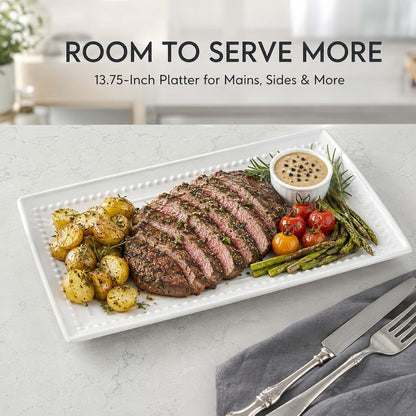 14 inch Ceramic Serving Platter - Rectangular Serving Trays Set of 4, Large Embossed Plates, Porcelain White Platters for Steak, Appetizer, Dessert, Tacos, Housewarming, Oven Dishwasher Safe