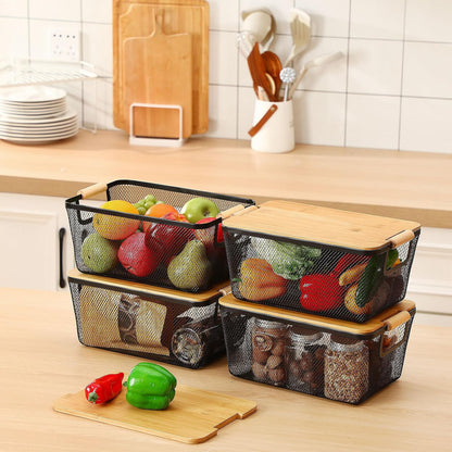 Geelin 4 Pcs Metal Wire Basket with Wooden Handles and Bamboo Lids 12.2 x 8.27 x 5.51 Mesh Steel Basket Stackable Storage Bins Organizer Containers for Vegetables Fruit Home Cabinet Pantry(White)
