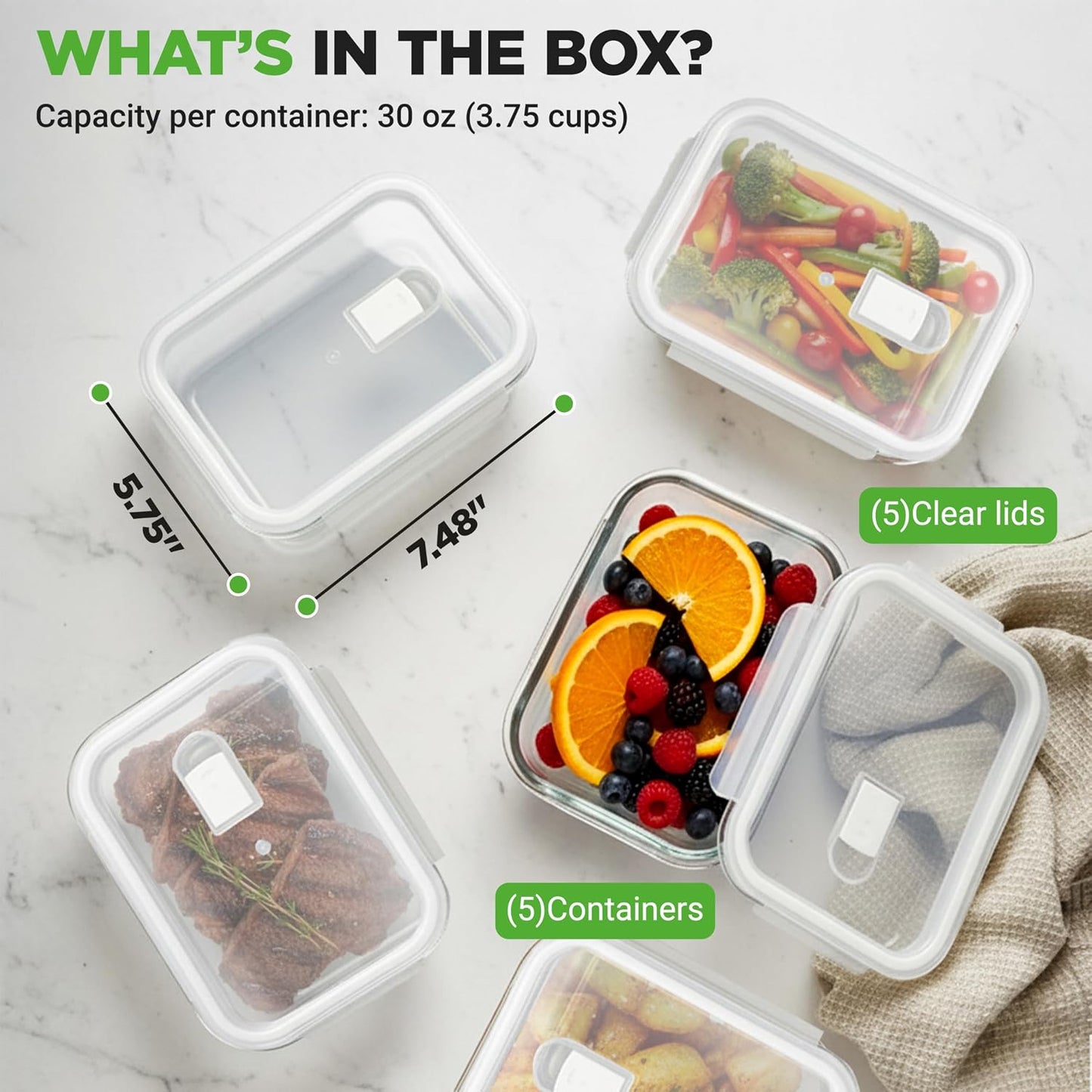 NutriChef 10 Piece Glass Food Storage Containers with Lids – 30 oz Meal Prep Containers Reusable – Airtight Glass Lunch Containers for Food Storage – Freezer to Oven Safe - Gray