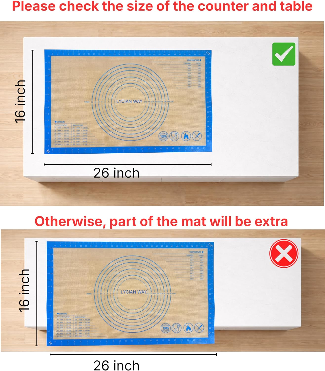 Silicone Pastry Mat with Measurements, 28 x 20 Inch Extra Thick Non-Slip Nonstick XL Baking Mat for Dough Rolling, Kneading, Fondant and Pie, Red