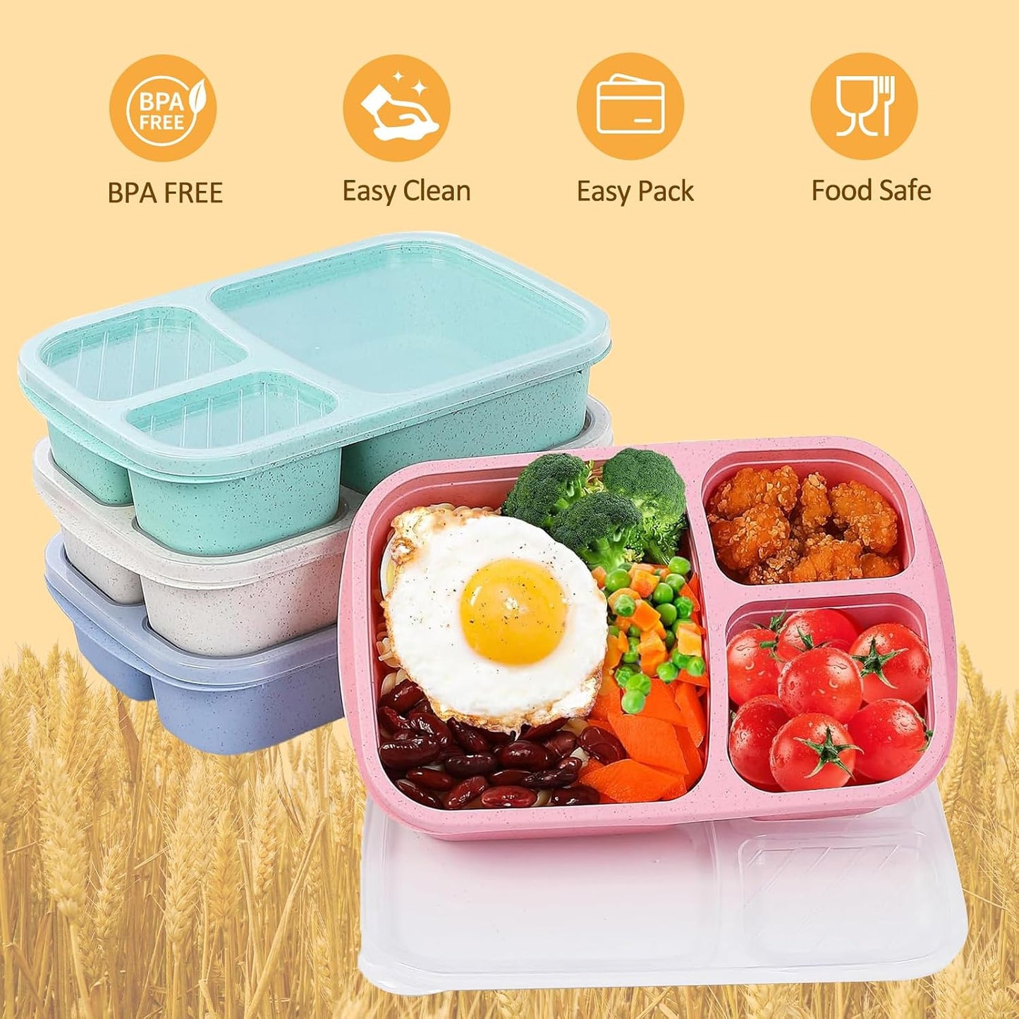 4 Pack Bento Box for Adults, 3-Compartment Wheat Straw Food Storage Containers, Meal Prep Lunch Box Microwave and Dishwasher Safe, Suitable for Office and Outdoor